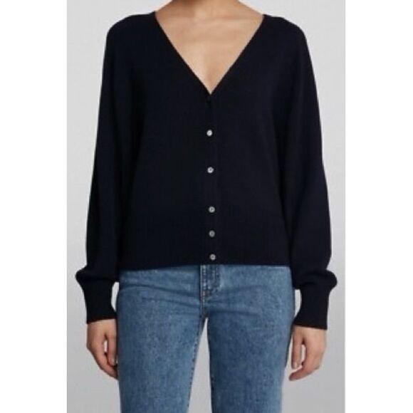 VINCE Weekend Wool Cashmere Blend navy blue V Neck Cardigan SWEATER sz L - Picture 1 of 7
